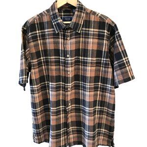 Izod Linen Blend Men's Shirt: Short-Sleeved Button-Down Brown Plaid, Size L